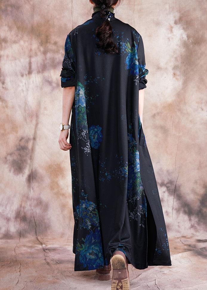 Fine Blue Prints Coats Loose Fitting Trench Coats Fall Outwear Lapel Collar