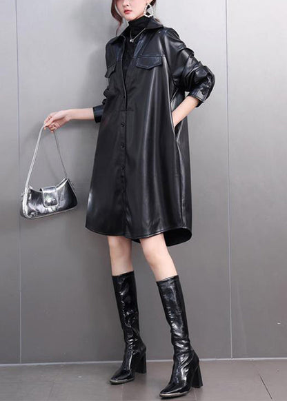 Original Black Peter Pan Collar Pockets Pu Trench Coats Fall
