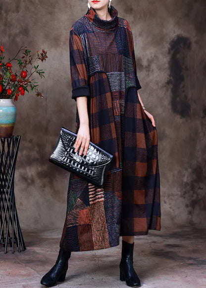 Coffee Turtleneck Plaid Patchwork Velour Maxi Dress Long Sleeve