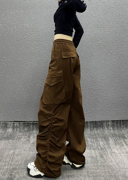 Coffee Pocket Cinched Elastic Waist Pants Autumn