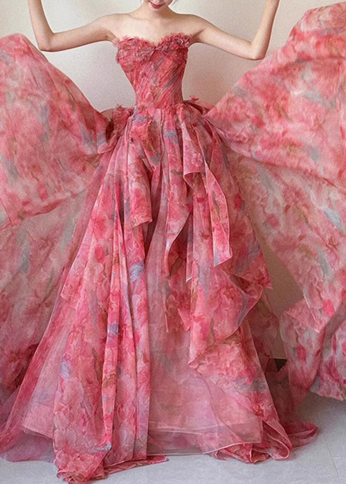 Strapless Print High Waist Chiffon Exra Large Hem Dresses Sleeveless