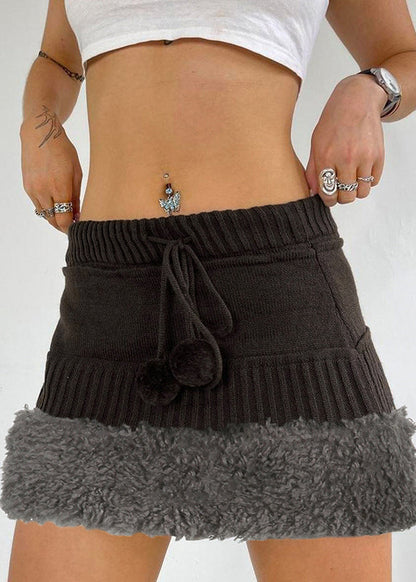 Brown Fluffy Elastic Waist Patchwork Knit Skirts Fall