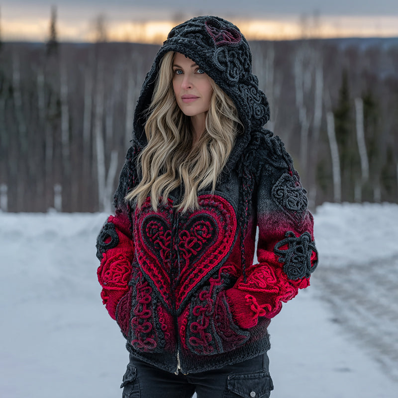 Women's Vintage Heart Art Cozy Knit Zip Up Hooded Sweater artswardrobe