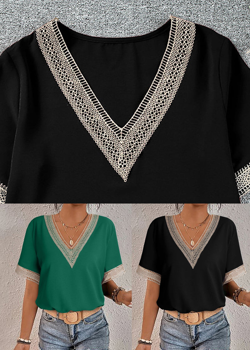 Green Tops V Neck Hollow Out Short Sleeve