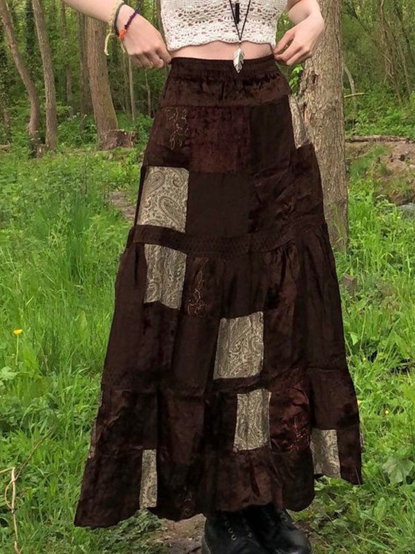Skirts Retro Contrast Stitching Velvet Long Skirt