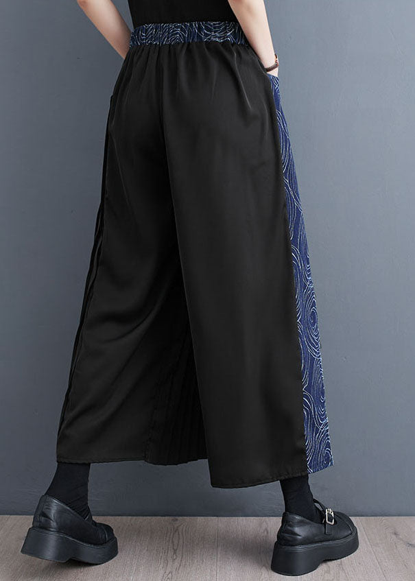 Blue Pockets Wrinkled Denim Patchwork Cotton Wide Leg Pants Skirt Summer