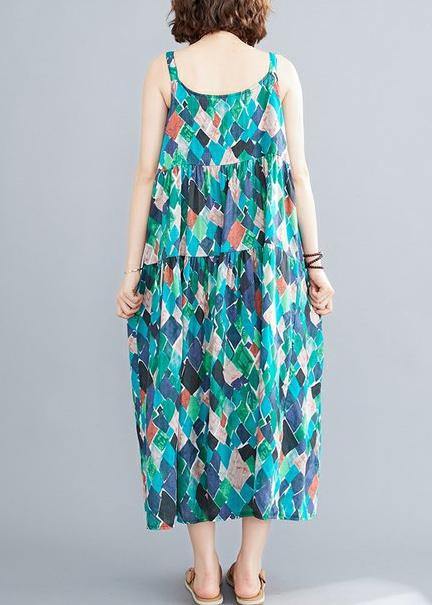 Diy Green Print Cotton Linen Dress Spaghetti Strap Patchwork a Line Summer Dress