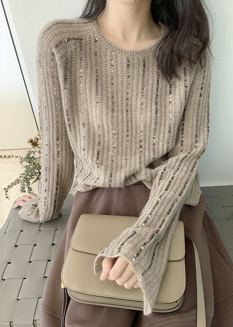 Light Brown O Neck Sequins Knit Sweaters Long Sleeve