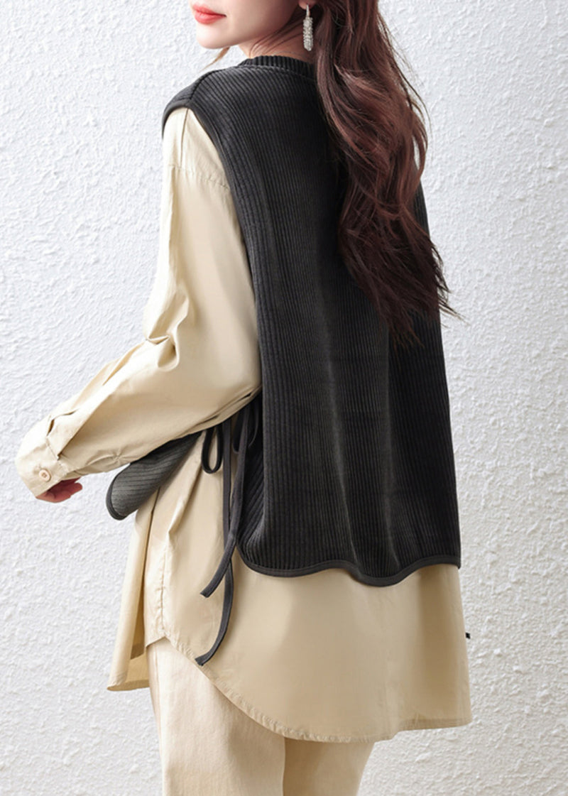 Khaki Oversized Patchwork Cotton Fake Two Piece Tops Fall