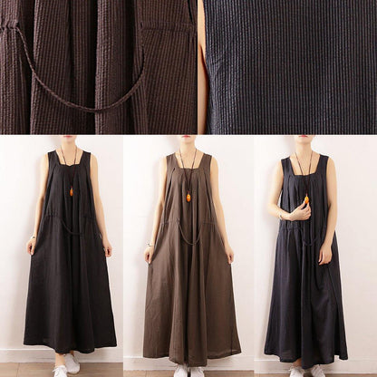 Dark Blue Linen Cotton Robes Fine Sewing Sleeveless Drawstring Maxi Summer Dresses