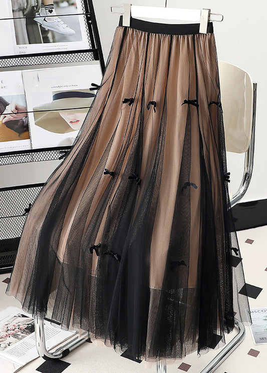 Apricot Elastic Waist Bow Tulle a Line Skirts Spring