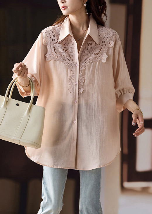 Pink Hollow Out Lace Patchwork Cotton Blouse Fall