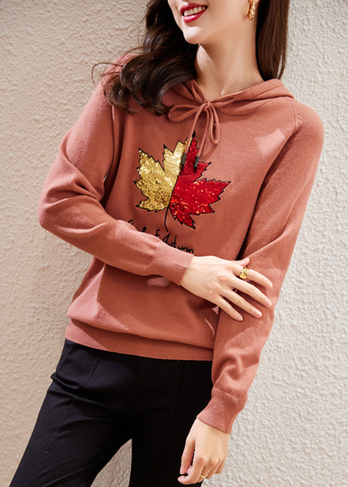 Rubber Red Hooded Embroideried Patchwork Cotton Top Fall