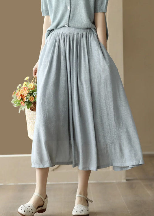 Light Blue Wrinkled Pockets Patchwork Cotton Skirts Summer