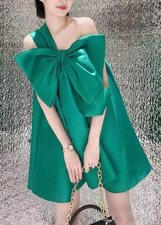 Green One Shoulder Bow Satin Party Dress Summer