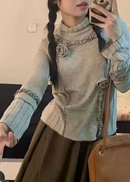 Grey Turtleneck Patchwork Top Fall