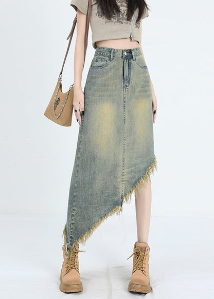 Blue Asymmetrical Tasseled Denim Skirt Summer