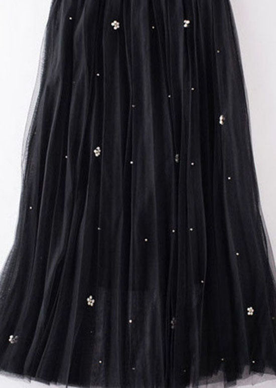French Black Wrinkled Patchwork Nail Bead Tulle Skirt Spring