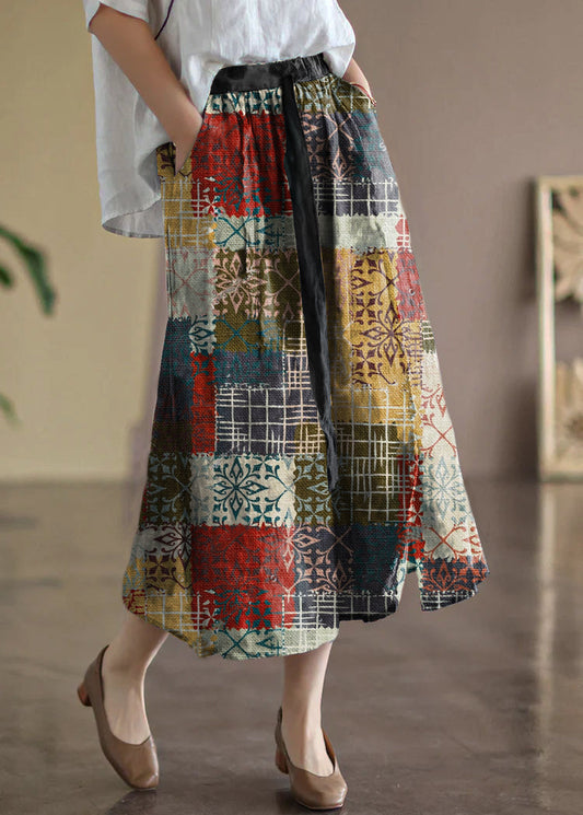 Red Geometry Elastic Waist Print Linen Skirts Summer