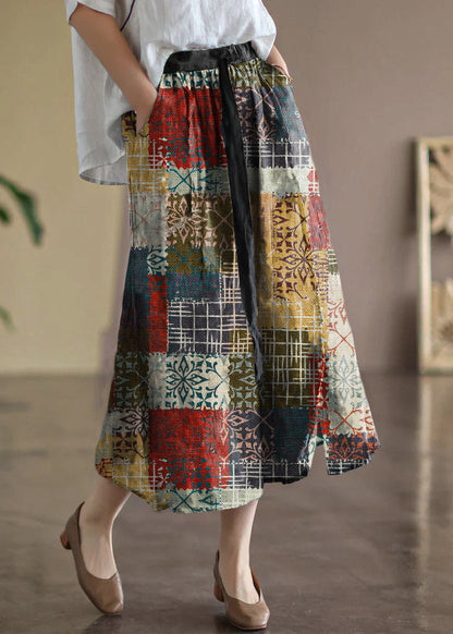 Black Flower Elastic Waist Print Linen Skirts Summer