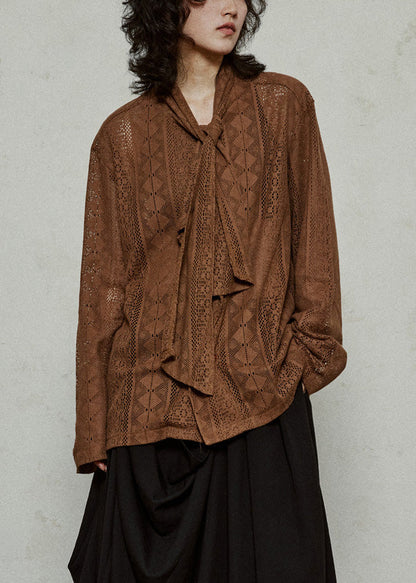 Coffee Hollow Out Knit Top Flare Sleeve