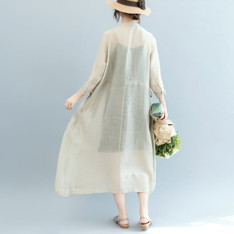 Baggy Off White Midi Linen Silk Blended Dresses Loose Fitting Dress Fine Tie Waist Long Sleeve O Neck Baggy Dresses