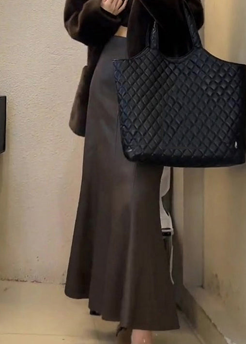 Simple Coffee Elastic Waist Faux Leather Skirt Fall