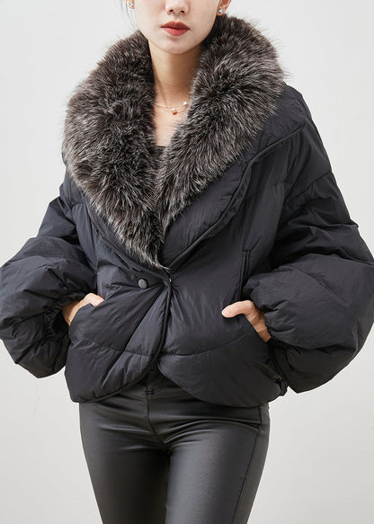 Black Rabbit Hair Collar Warm Duck Down Puffer Jacket Winter
