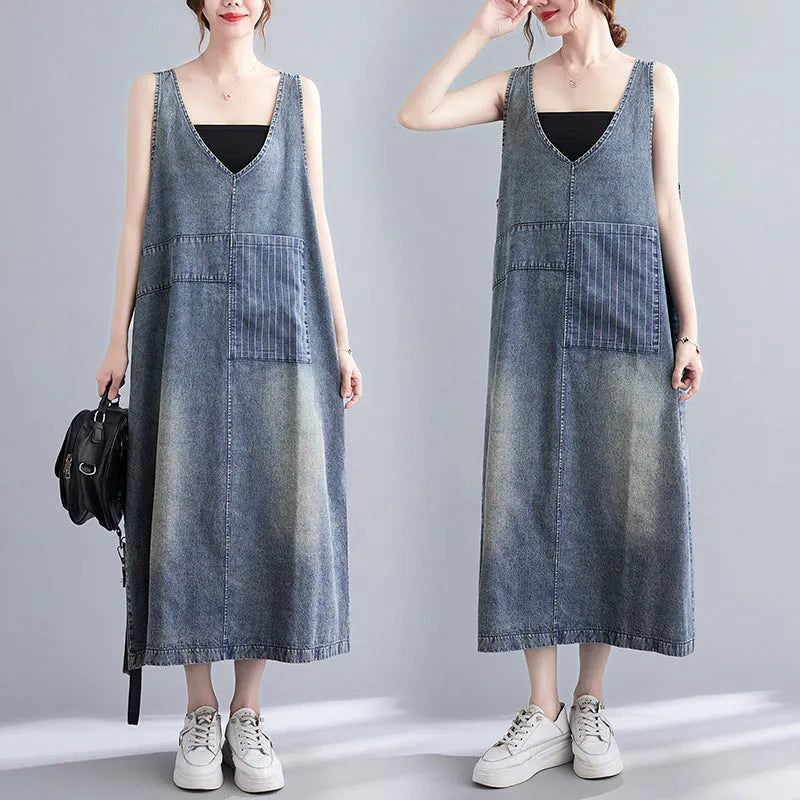 Literary Washed V-neck Sleeveless Denim Dress