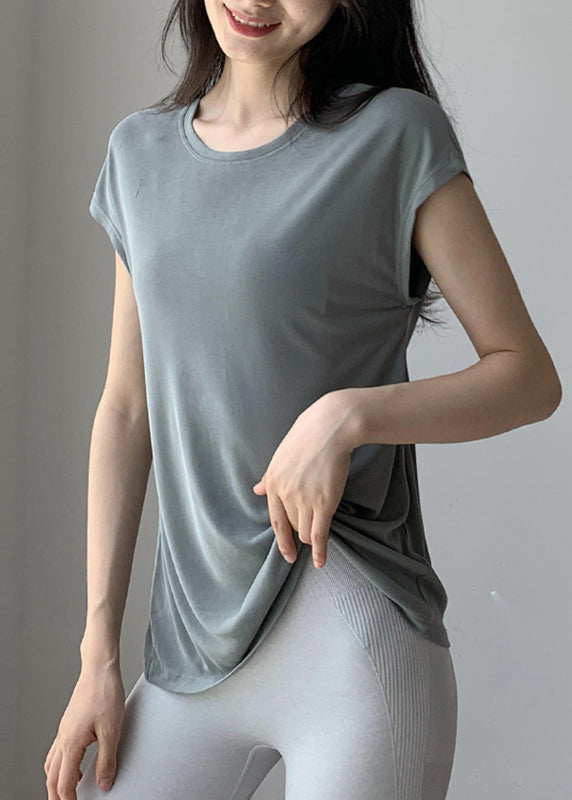 Brief Blackish Green O-neck Wrinkled Short Sleeve Yoga Top