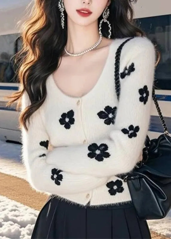 Art White O-neck Print Cotton Knit Cardigan Spring