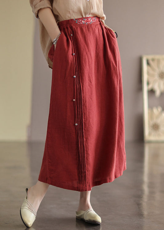 Red Wrinkled Embroideried Patchwork Cotton Skirts Summer