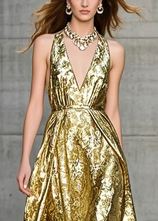 Golden Jacquard Exra Large Hem Halter Dress Summer