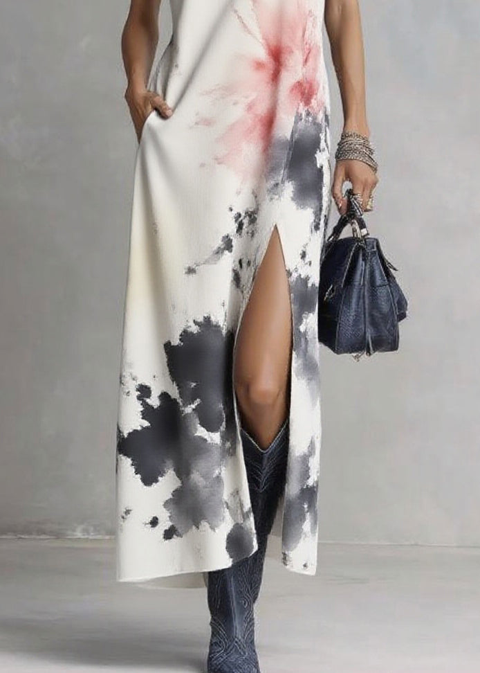 White V Neck Tie Dye Maxi Dresses Sleeveless