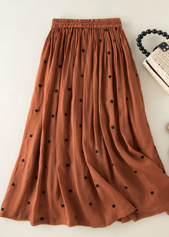 Apricot Dot Drawstring Elastic Waist Wrinkled Cotton Skirt Summer