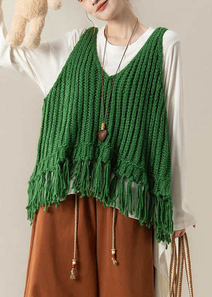 Green V Neck Tasseled Knit Vest and White Cotton T Shirt Two Pieces Set Fall