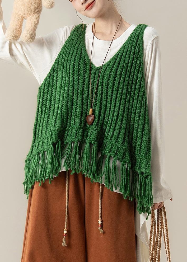Green V Neck Tasseled Knit Vest and White Cotton T Shirt Two Pieces Set Fall