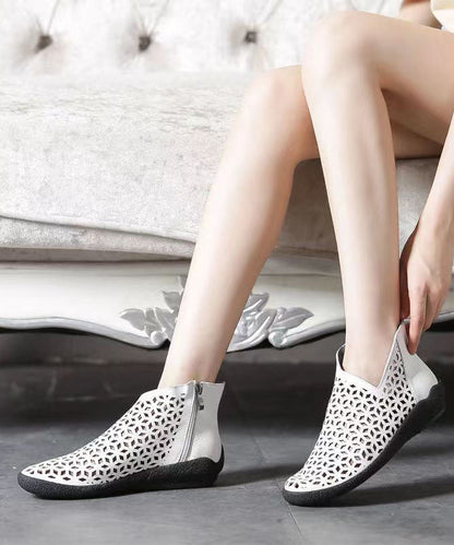 White Ankle Boots Wedge Cowhide Leather Splicing Hollow Out