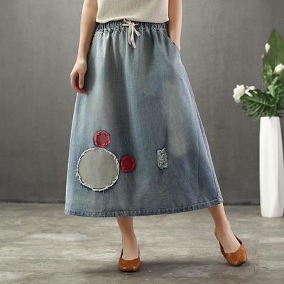 Cozy Thin Cartoon Embroidered Patch Swing Denim Skirt