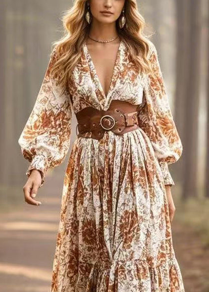 Khaki Cinched Print Cotton Maxi Dresses Spring