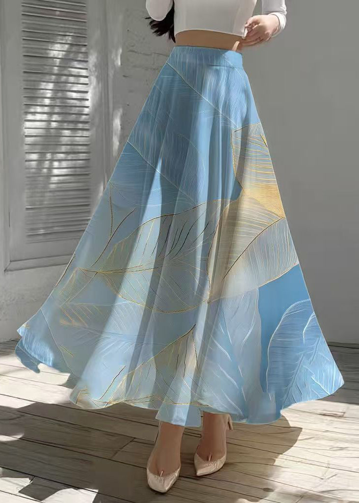 Sea Blue Leaf Print Chiffon Holiday Skirt Summer