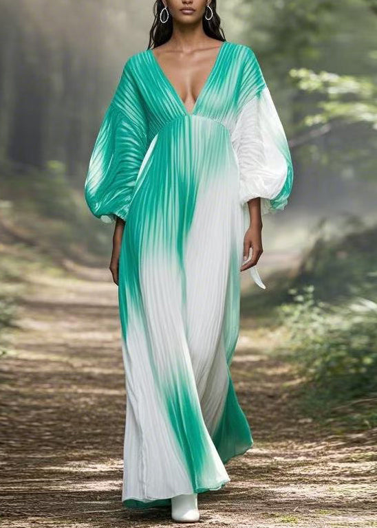 Gradient Color V Neck Wrinkled Chiffon Long Dress Spring