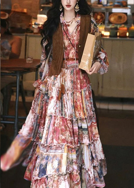 Red Ruffled Print Tunic Maxi Dresses Lantern Sleeve