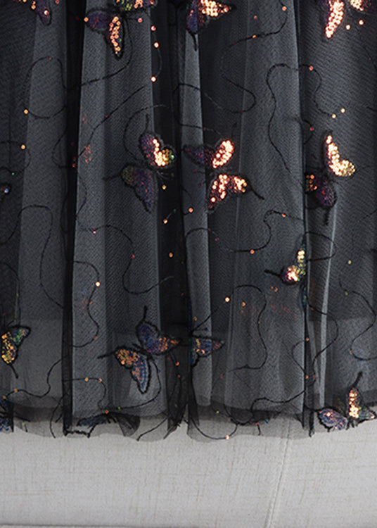 Black Embroideried Sequins Layered Tulle a Line Skirt Summer