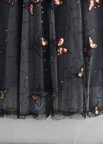 Black Embroideried Sequins Layered Tulle a Line Skirt Summer