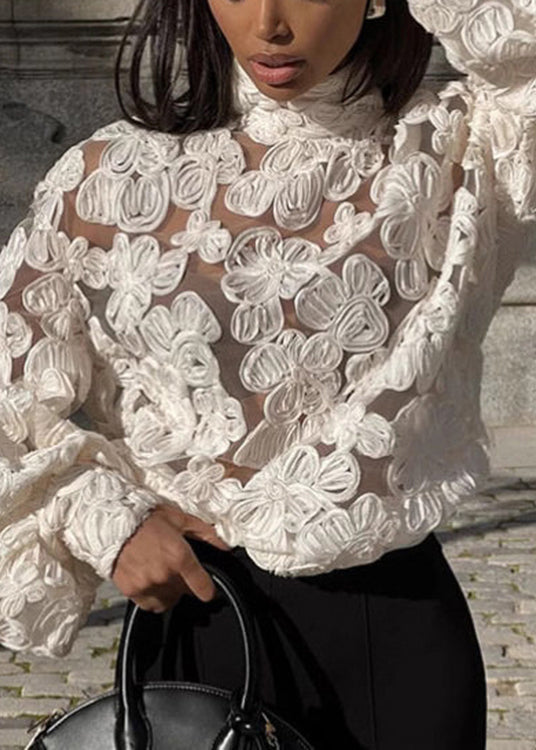 White Notched Lace Top Lantern Sleeve