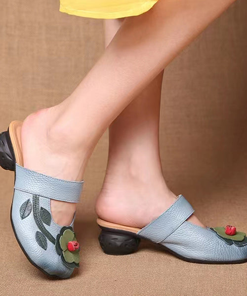 Retro Splicing Chunky Blue Cowhide Leather Slide Sandals