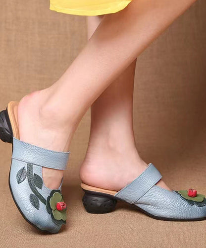 Retro Splicing Chunky Blue Cowhide Leather Slide Sandals