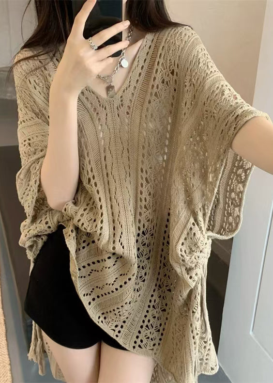 French Khaki V Neck Hollow Out Loose Knit Top Summer