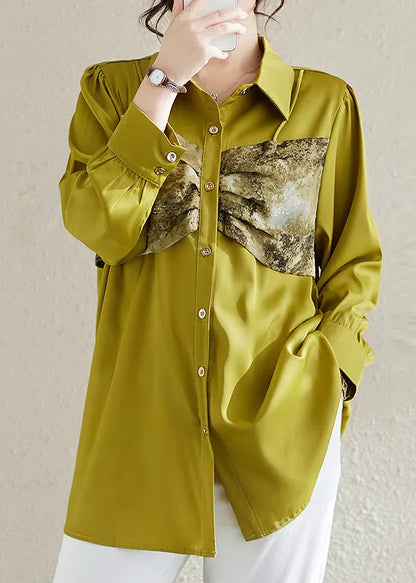 Art Fluorescent Green Patchwork Chiffon Shirt Top Spring